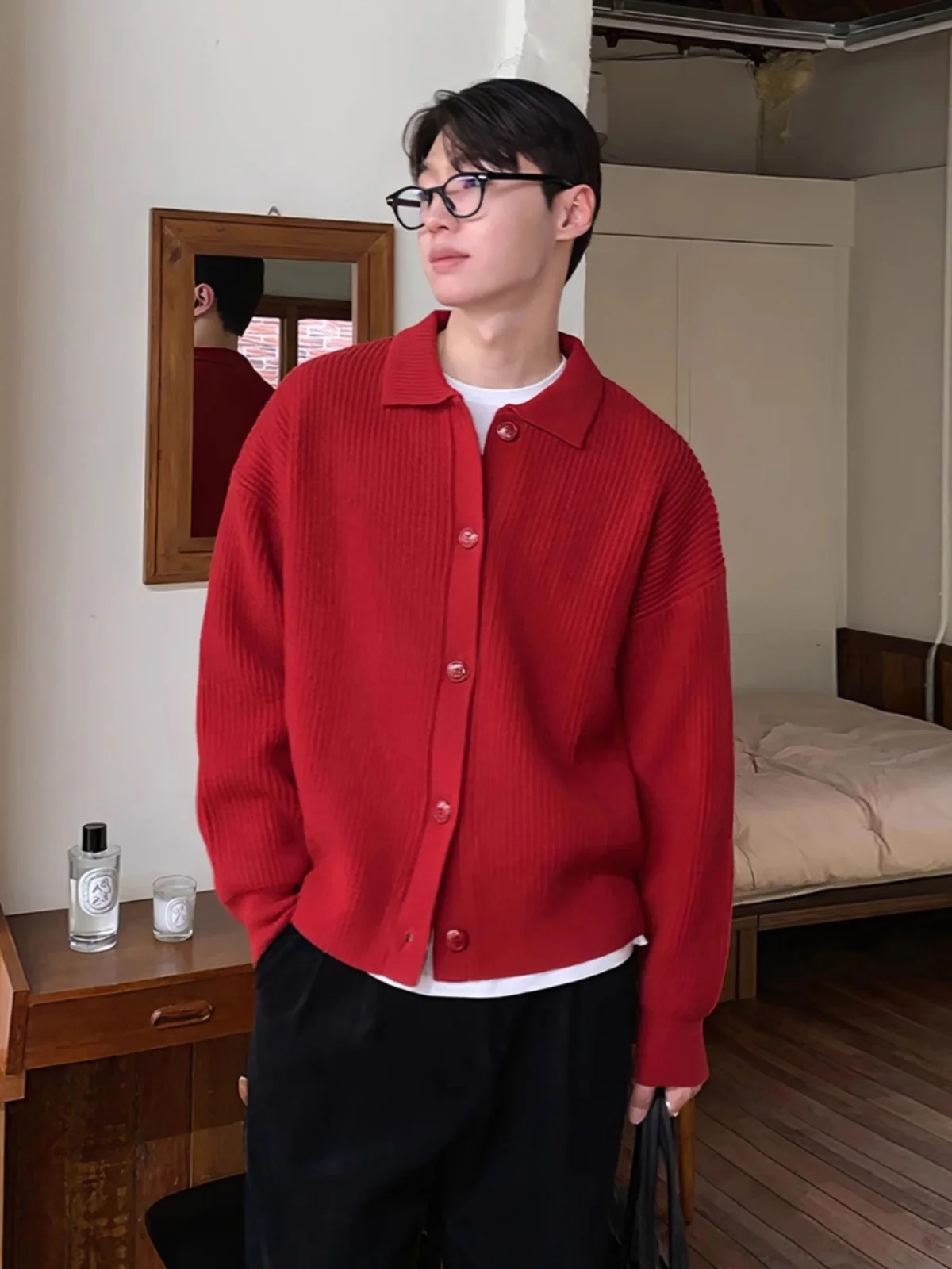 Red Knitted Open Cardigan Men's Autumn Winter Fashion Outerwear Long Sleeve Turn-down Collar Lucky Year Knitwear Urban Style