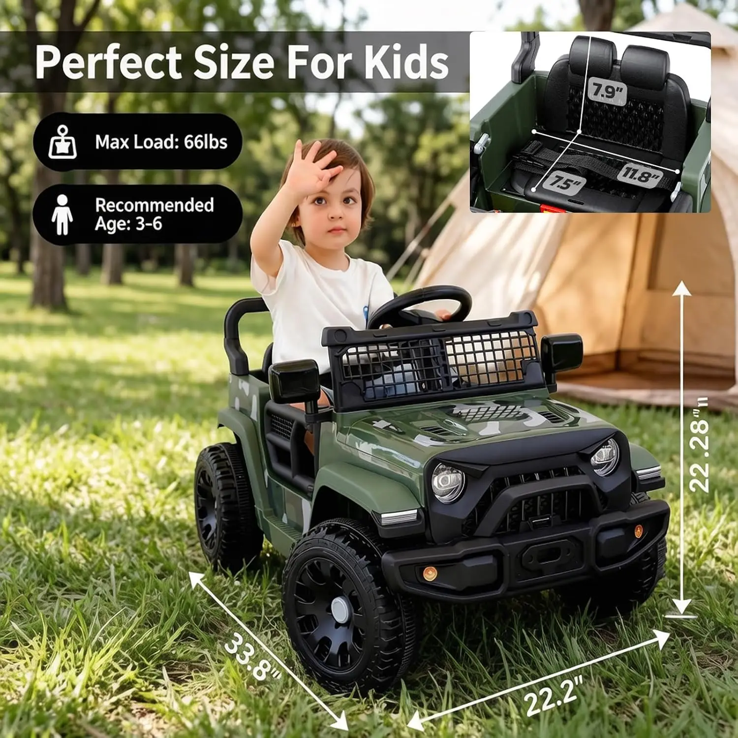 Ride On Car, Bluetooth Toys for Toddlers, 12V Kids Battery Powered Vehicle w/Remote, 3.5 mph Off-Road Truck, 3 Speeds
