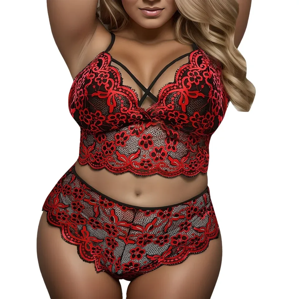 

Women Plus Size Fashion Two Piece Sexy Lingerie Erotic Set Lace Sleepwear V Neck Bra And High Waist Panty Intimates 여성 속옷 섹쉬팬티