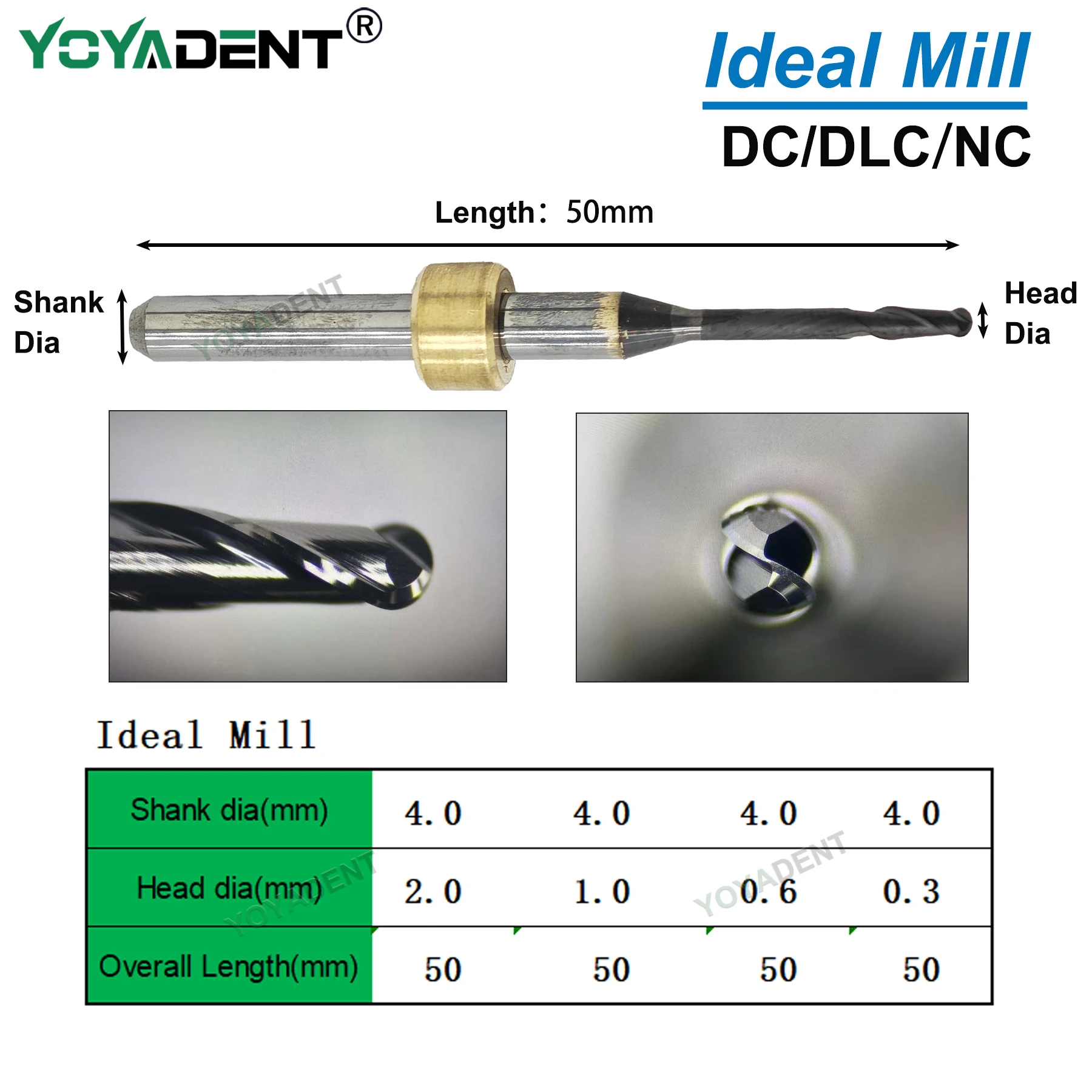 Dental Milling Burs For Ideal Mill Zotion Zirconia Wax PMMA Milling Cutters CADCAM DC/DLC Coating Dental Materials Length 50mm