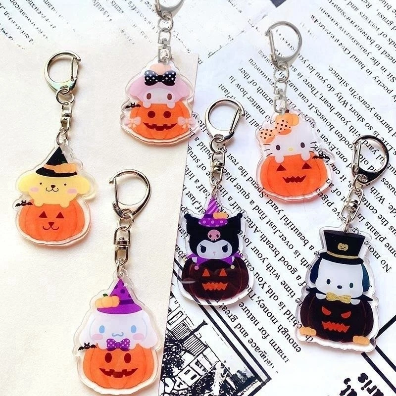 

2023 Halloween Sanrio Keychain Kawaii Hello Kitty Kuromi Cinnamoroll My Melody Pochacco Halloween Series키링 Pvc Keyring