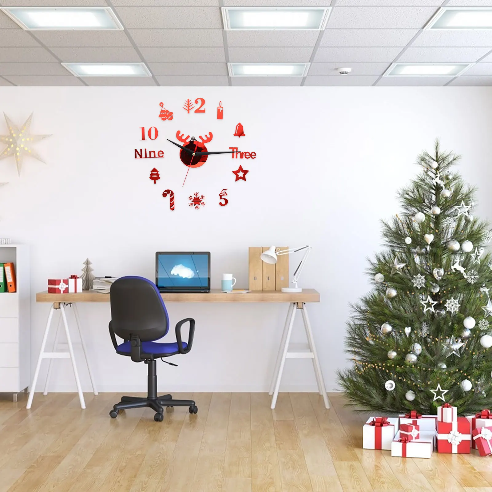 

3D Wall Clock Christmas Decor DIY Hanging Sticker Bedroom Living Room Vintage Acrylic Decorative Home Silent Sweeping Movement