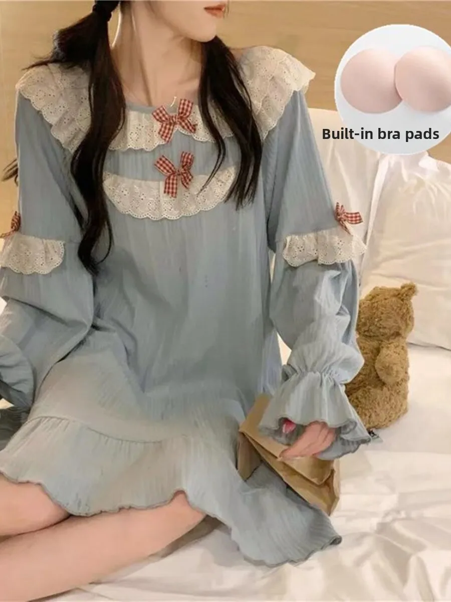 Cute Princess Style Long Sleeve Lace  Knot Pure Cotton Sleep Dress with Chest Pad Spring Autumn Women's Clothing