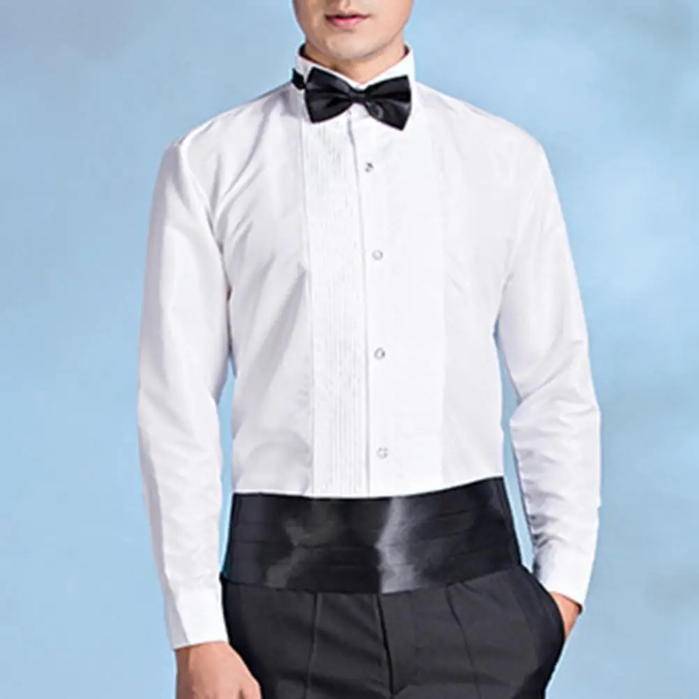 Kemeja bisnis pria, kerah berdiri Tuxedo Formal Regular Fit putih kemeja pernikahan warna Solid Single-breasted kemeja Pesta