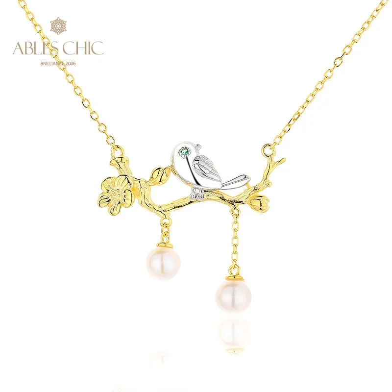 

AC 5A Freshwater Pearl 6-6.5mm Vivid Bird on a Twig 18K Gold Two Tone Solid 925 Silver Floral Branch Pendant Necklace PN1029