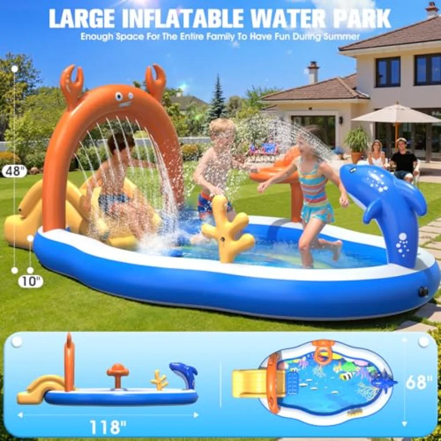 Backyard inflatable water park for kids: PVC, blue, extra-large 118''x68''x48'' play center with slide, sprinkler, and kiddie p