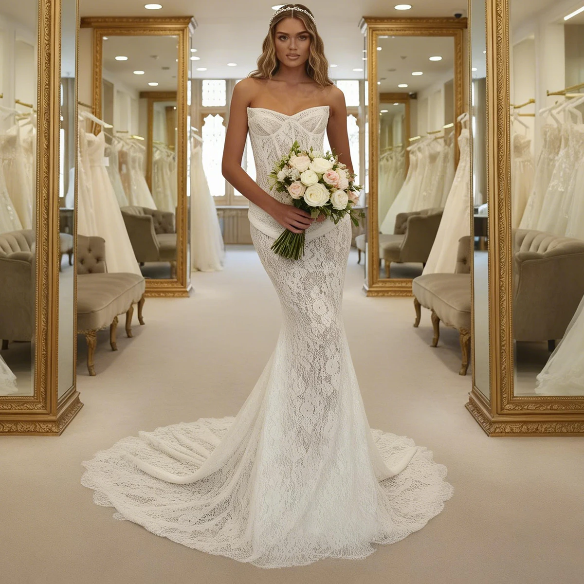 

Luxury Lace Appliques Strapless Wedding Dress With Train Long Sheath Mermaid Bridal Party Gown For Bride vestido de novia