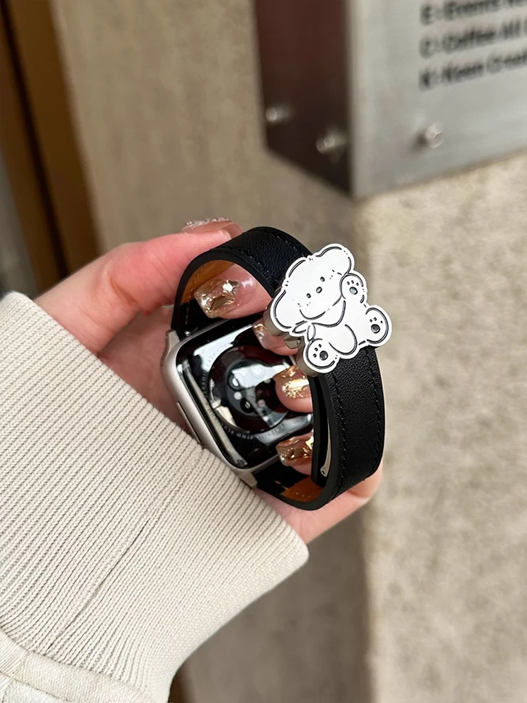 Correa magnética de perro bonito para Apple Watch Ultra 10 9 8 7 6 5 SE, correa de cuero para iWatch 38mm 40 41mm 42mm 45mm 46mm 49mm