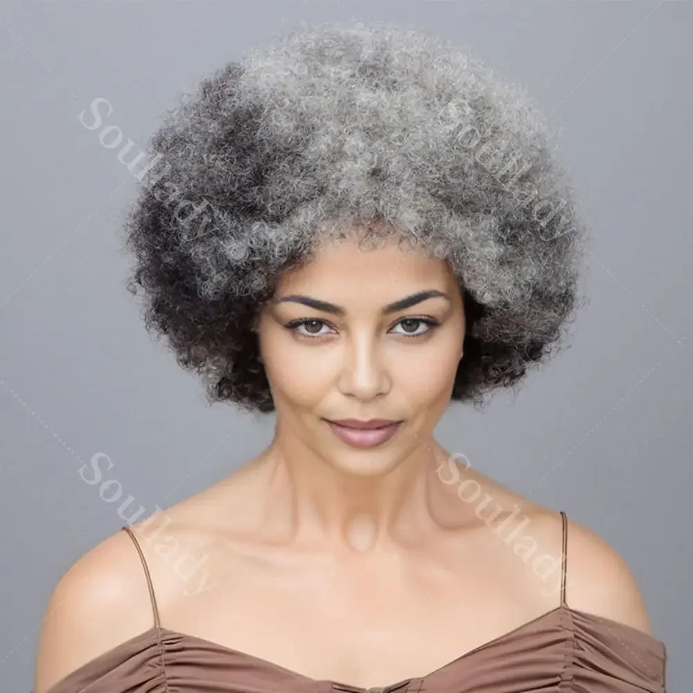 

Soul Lady Beginner Friendly Glueless Wear To Go Wig Salt And Pepper Short Afro 4C Kinky Curly Human Hair Wigs For Women