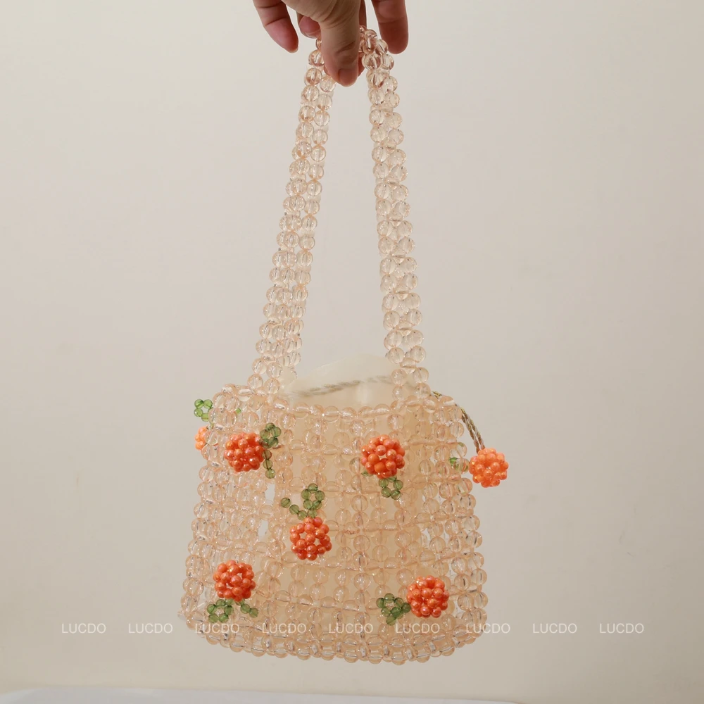 Jelly Clutch Bag Handmade Bags Luxury Designer Girl Beaded Woven Handbag for Woman 2022 Retro Orange Clear Crystal Beaded Bag