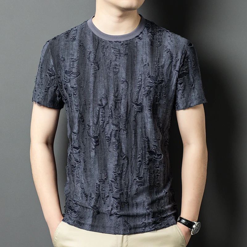 Torn Hole Design O-Neck T Shirt For Men Short Sleeve Casual Trendy Summer Quality Polyester&Cotton Exquisite Camisetas De Hombre