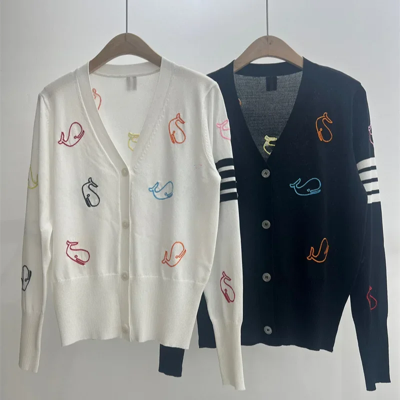 Whale Embroidery Sweater For Women White Color Cartoon Striped Knit Cardigan Coat Full Sleeves Elegant Jacket Jumper