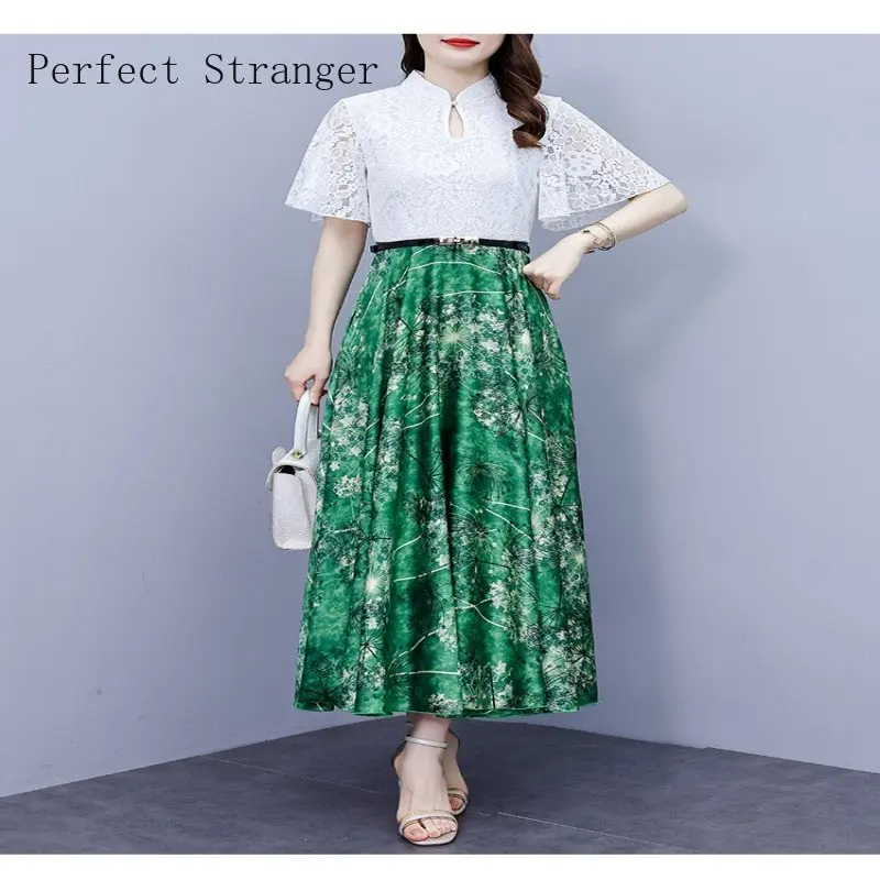 

2022 New Arrival Elegant Short Sleeve Maxi Dresses For Women Summer Flower Printed Elegant Bolo Lace Chiffon Long Dress