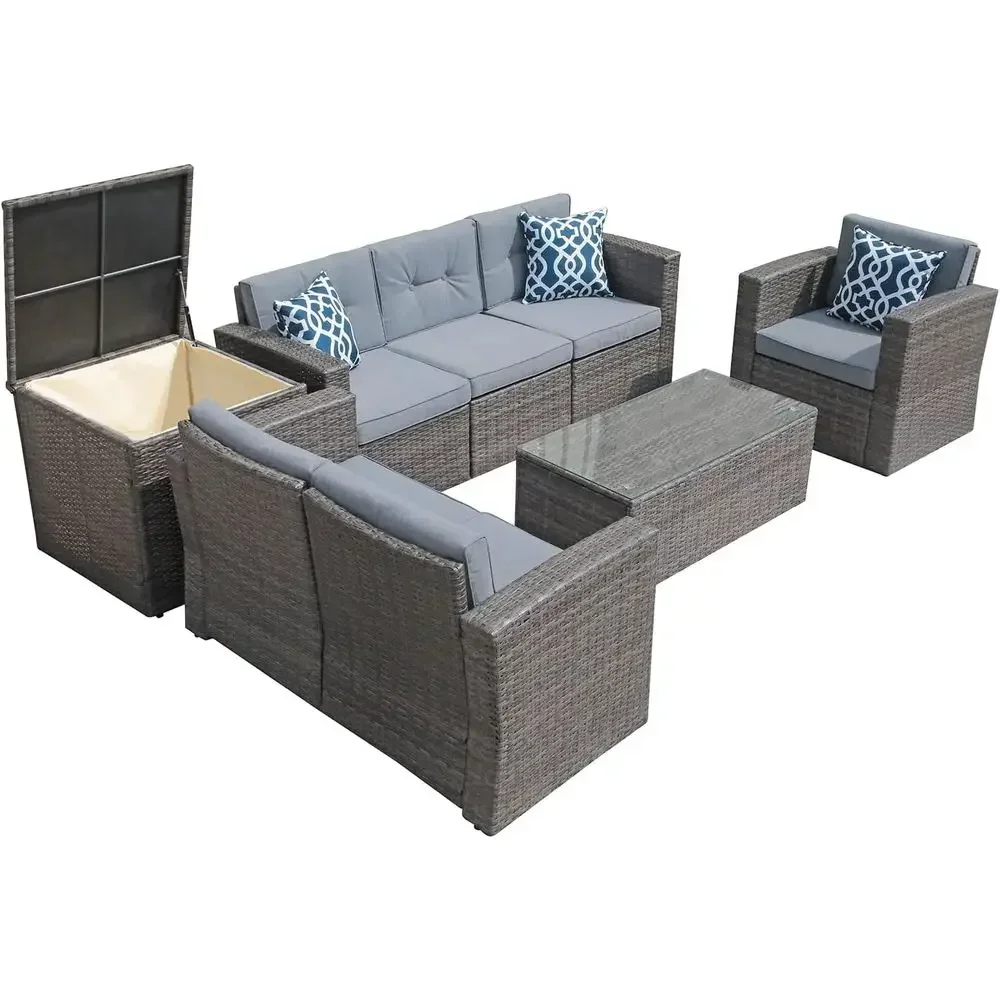 

Gray 8-Piece Outdoor Patio Furniture Set with Wicker Sectional Sofa, Storage, and Coffee Table