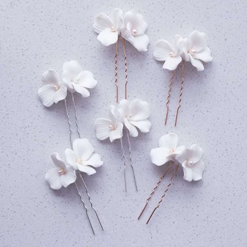 Wedding Pins Ceramic Floral Bridal Hair Clips Piece Freshwater Pearls Jewelry Gold Silver Color Women Bobby Pin