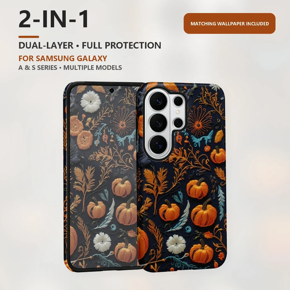Embroidered Pumpkins 2-in-1 Dual-Layer Phone Case for Samsung Galaxy S26 S25 S24 Plus Ultra FE S20 FE A56 A17 A16 A15