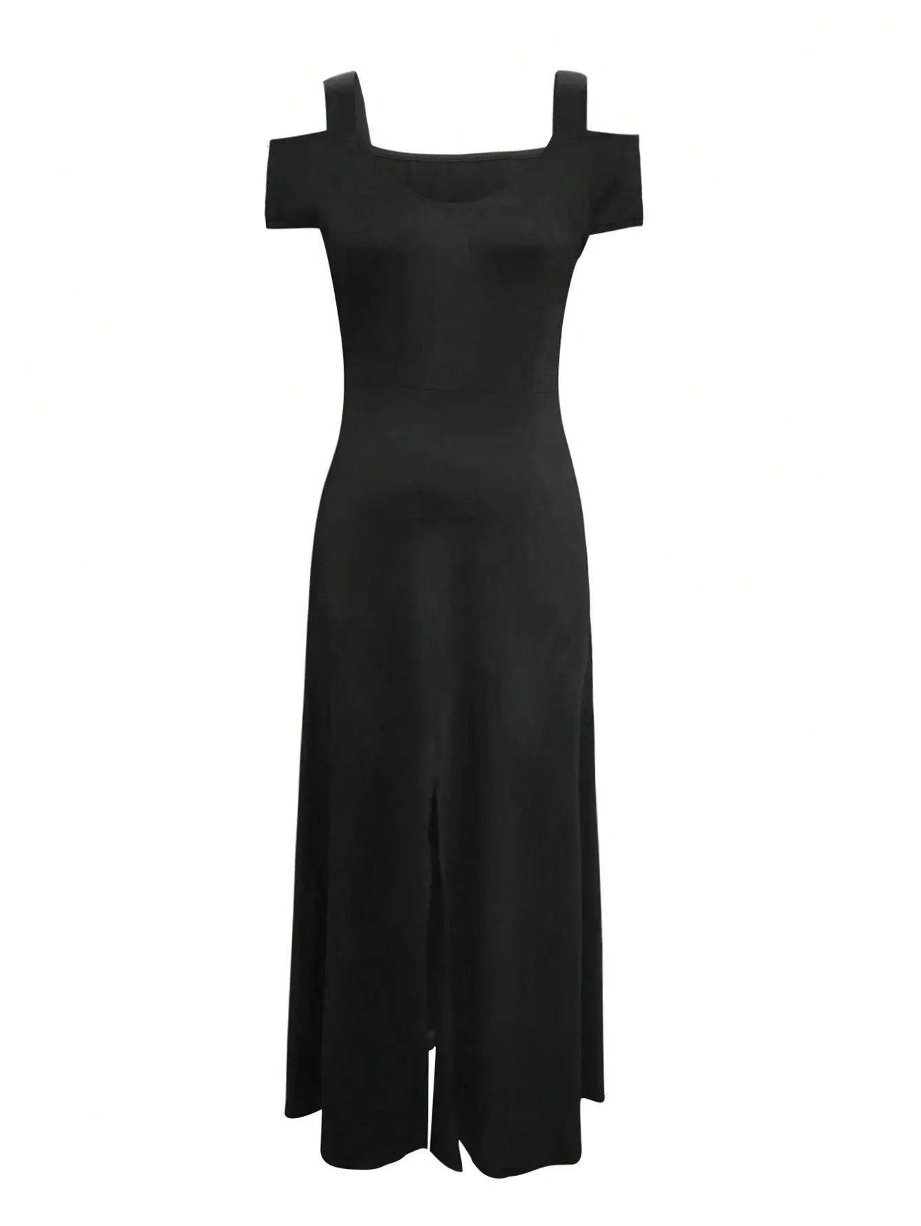 Vestido Maxi Negro con Hombros Descubiertos para Mujer - Elegante Vestido Formal con Cuello en V y Abertura en la Cintura para Fiestas, Bodas y Eventos Nocturnos