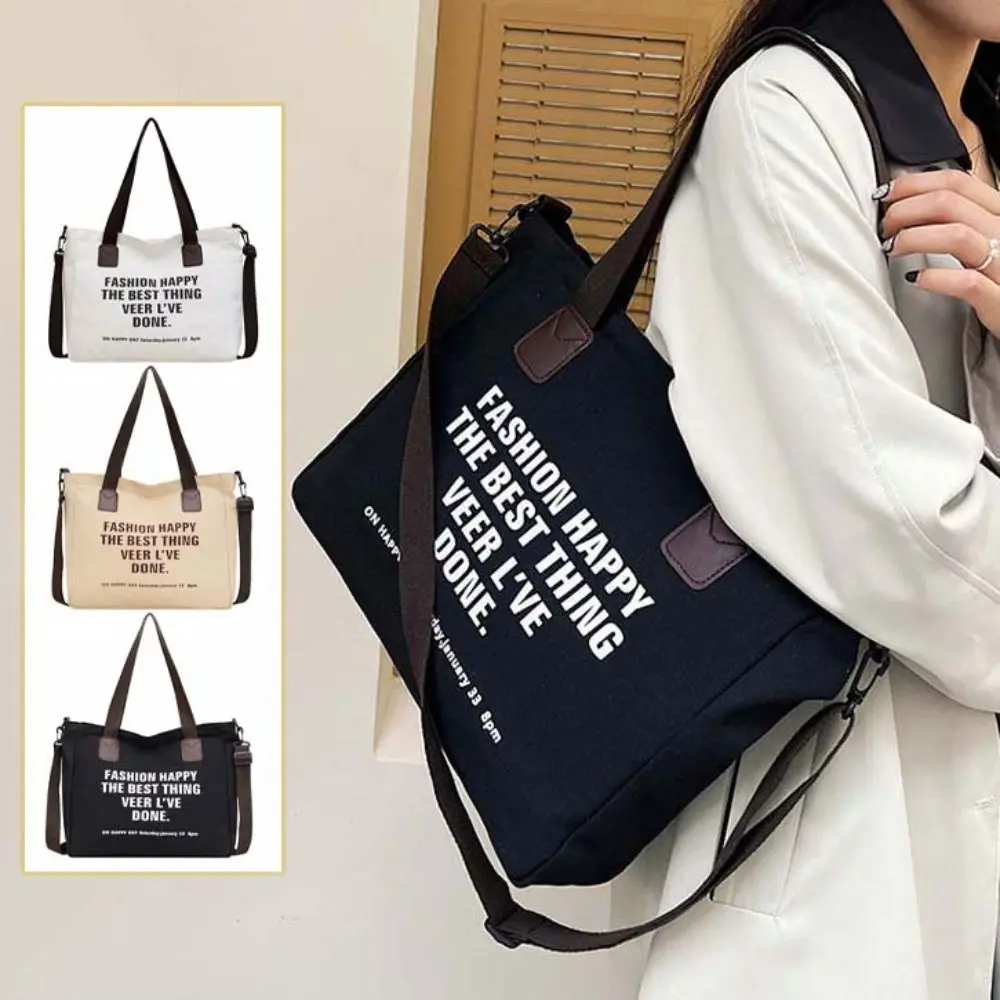 

Холщовая сумка на плечо с буквенным принтом в японском стиле, повседневная женская сумка-тоут с несколькими карманами, большая вместительная мягкая универсальная холщовая сумка для путешествий