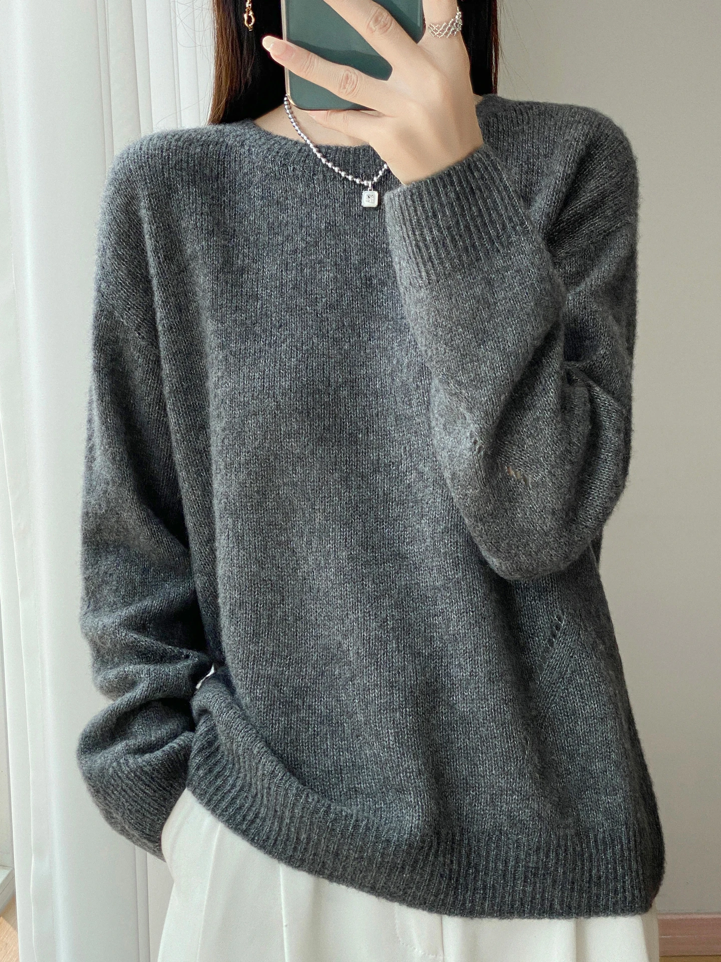 

Свободный весенне-осенне-зимний женский свитер, вязаный пуловер из мериносовой шерсти, джемпер с круглым вырезом, женская одежда с длинными рукавами, топы