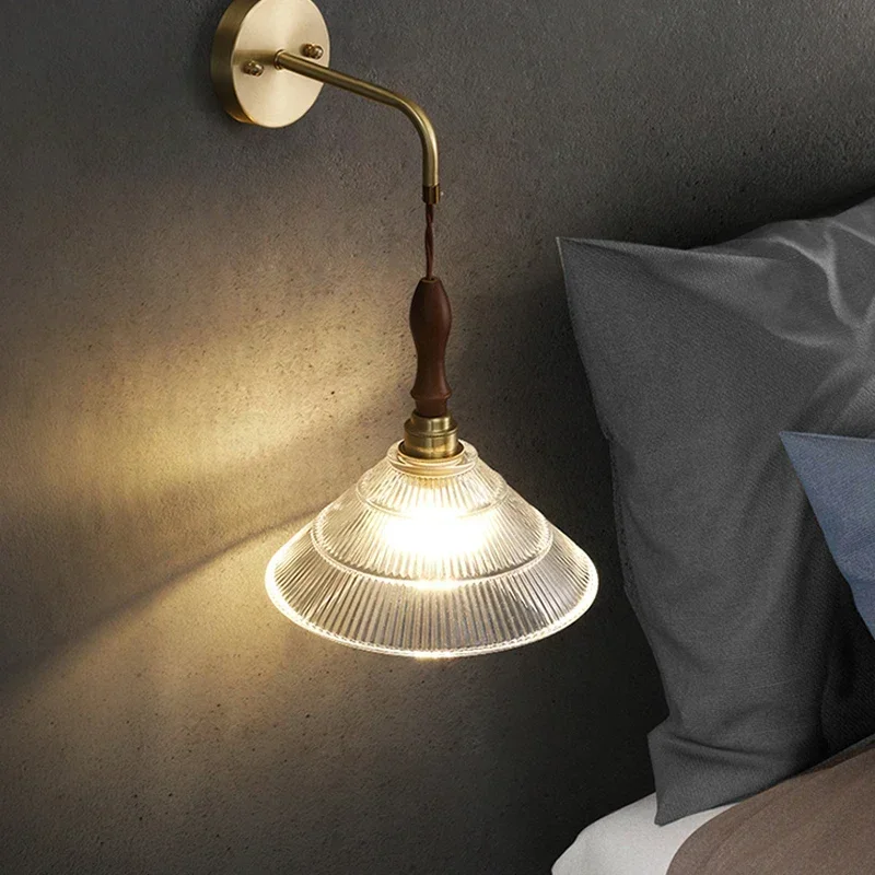 Retro Gold Glass Wall Lamp for Bedroom Bedside Aisle Mirror Light American Style LED Wall Sconces
