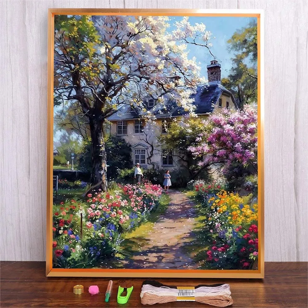 

Embroidery Kit Flowers Tree House Embroidery Kits Landscape Pattern DIY Handmade Craft Set Thread Cross Stitch For Living Room
