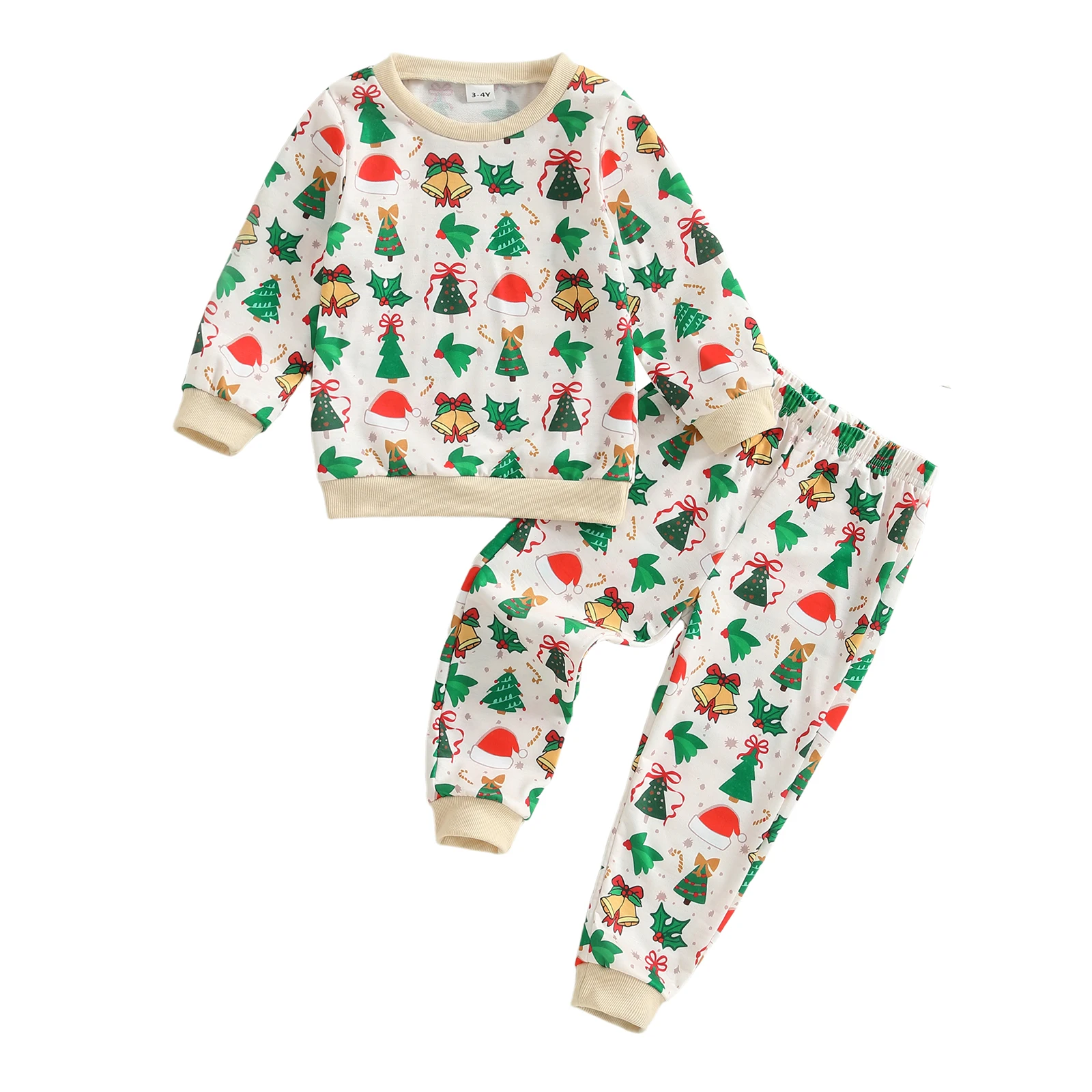 

Toddler Baby Christmas Outfit Christmas Tree Bells Santa Hat Print Crew Neck Long Sleeve Pullover and Pants 2 Pcs Set