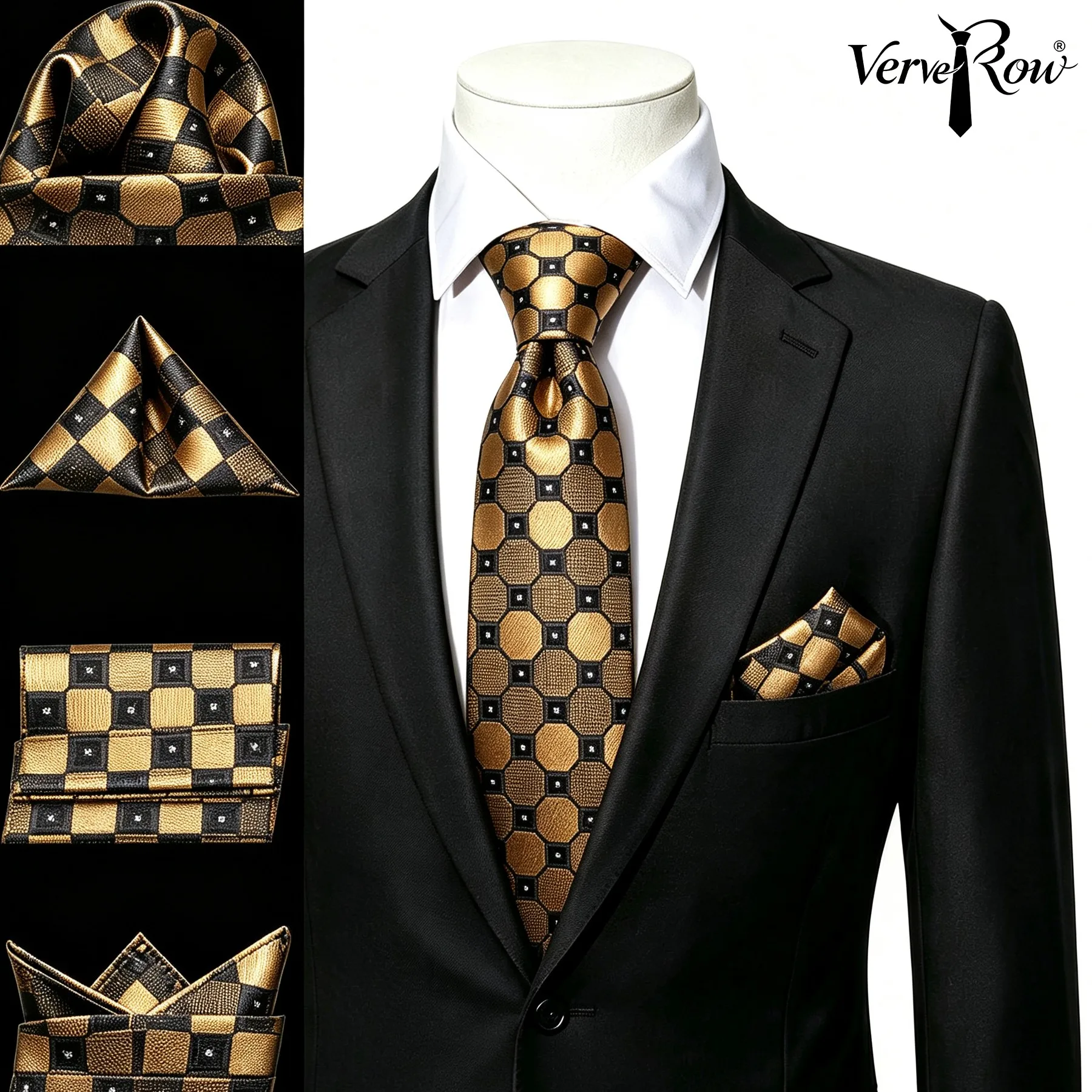 VERVEROW Vintage Brown Grid Pattern Necktie Matching Pocket Square Set Men Formal Dress Tie Handkerchief Accessory for Office