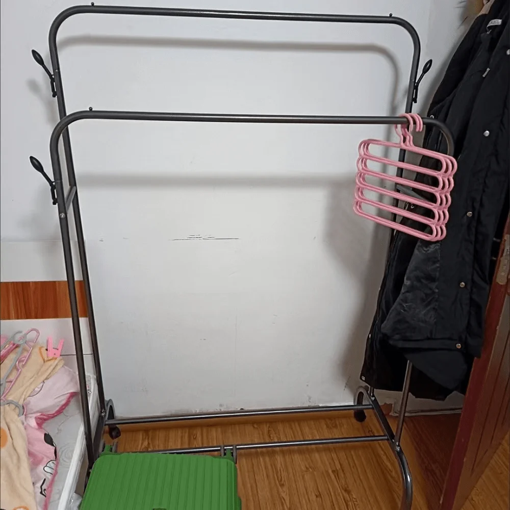 Double-Rod Multifunctional Metal Cloth Rack With Hooks Clothing Organizer Rack Garment Rack for Home