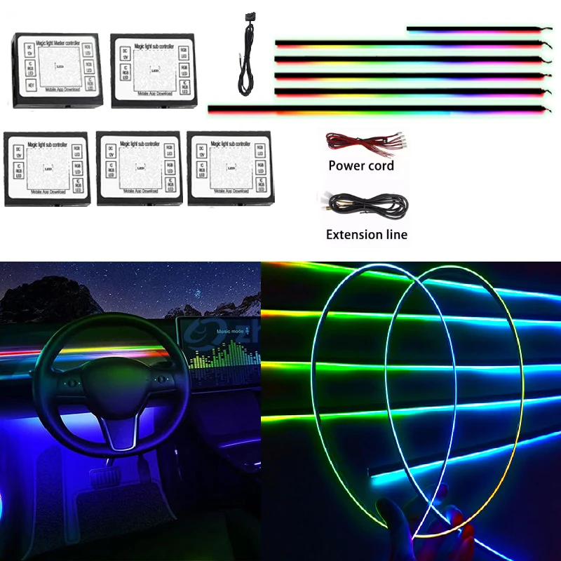

Светодиодная симфония RGB окружающего света Цветная акриловая лента Внутренняя атмосфера Световая полоса Приложение Дистанционное управление Освещение салона автомобиля