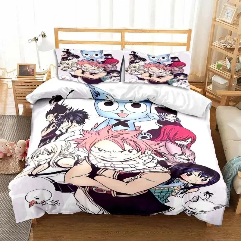 3D Anime Fairy Tail Bedding Set Bed Three-piece Set Duvet Cover Single Double Bed Queen Size Duvet Cover Set Adult Kid's Bedroom