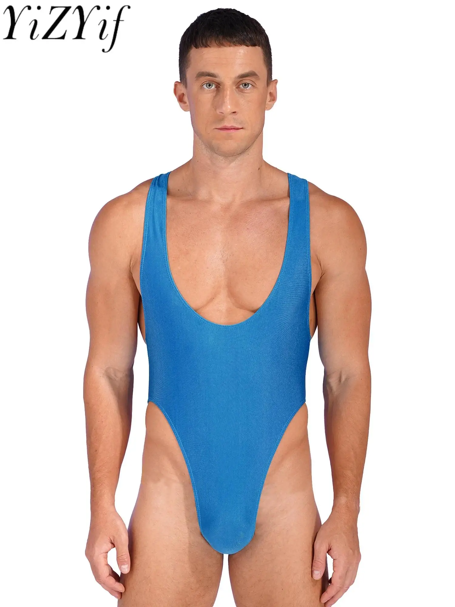 Mens Wresting Singlet Bodysuit Swimwear Lingerie One Piece Sleeveless Deep U Neck Underwear Jumpsuits Mankini Swimsuit Leotard