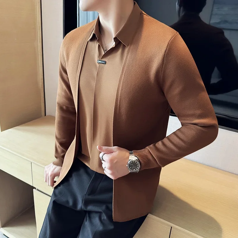 Spring Autumn New Fake 2 Pieces Knitted Cardigan Traceless Shirt Collar Spliced Casual Pullovers Fashion Men Slim Sweater Coats