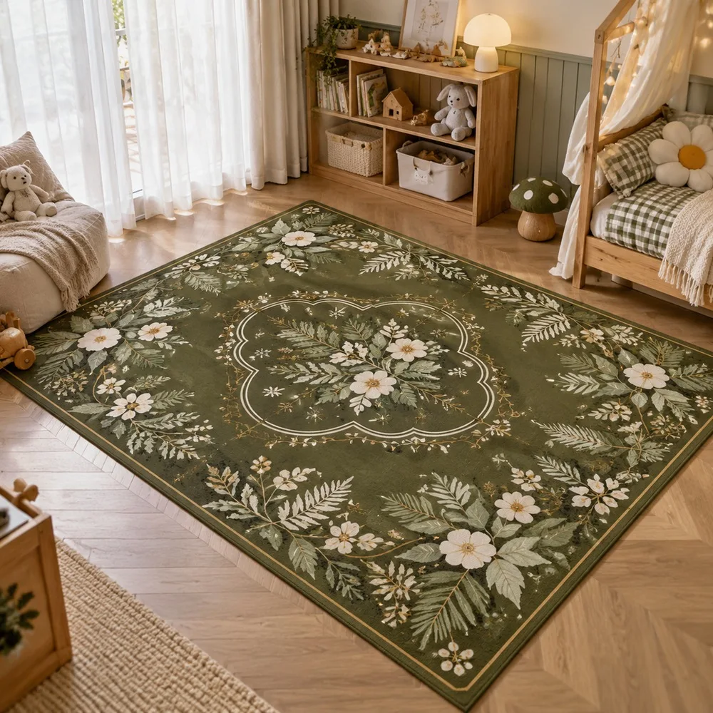 VIKAMA Door Mat Olive Green Fern Pine Camellia Botanical Anti Slip Sitting Room Fireplace Side Table Bedroom Home Decoration
