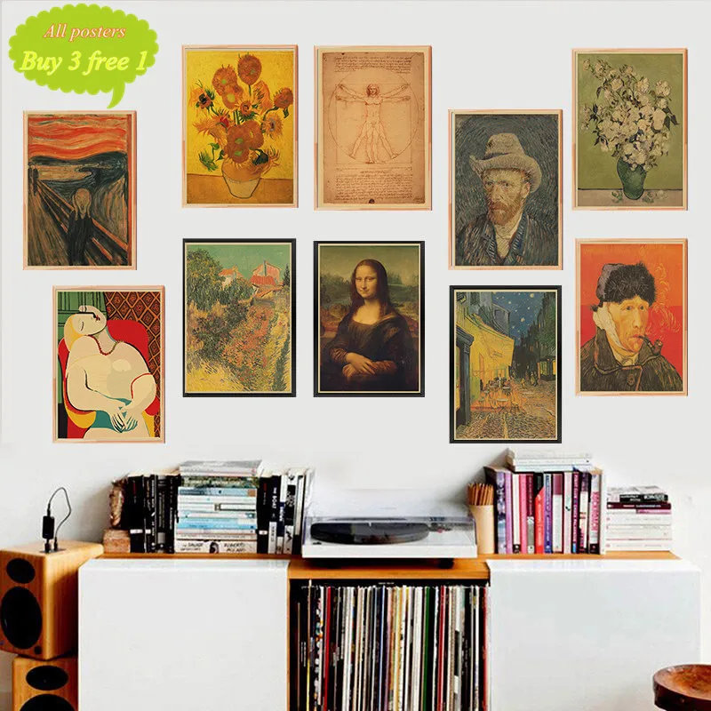 Van Gogh Series Retro Kraft Paper Poster Modern Abstract Art Oil Painting Bar Cafe Wall Sticker Decorative
