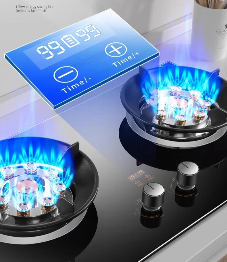 Energy-Saving Double Gas Stove for Home Tabletop Natural Gas/LPG Embedded with Timed High-Fire Settings for Kitchen Cooking