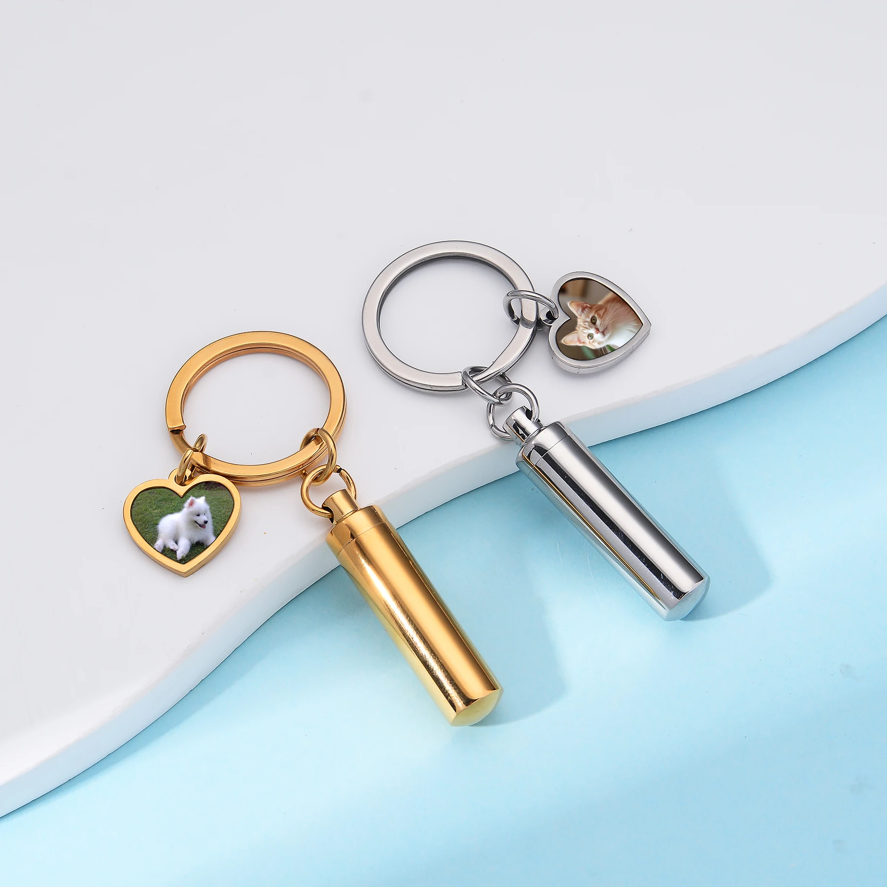 Stainless Steel Heart Pendant Personalized Photo Engraved Cylinder Urn Cremation Ashes Keychain for human Pet Memorial Jewelry