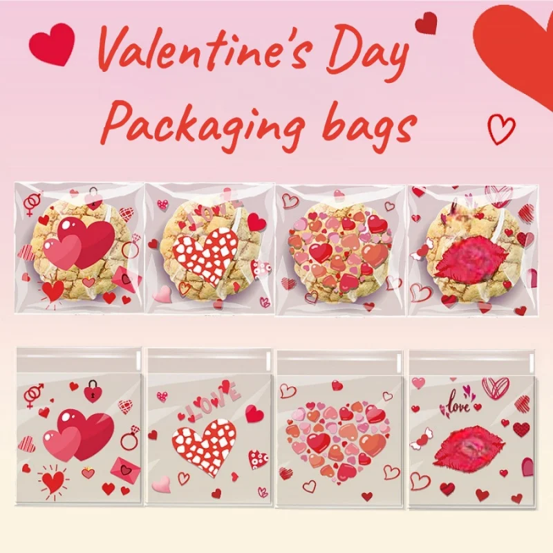 100 Stück Valentinstag-Keksverpackungsbeutel für Laden, Zuhause, Party, Backen, Süßigkeiten, Schokolade, Transparenter Beutel mit Selbstklebeverschluss