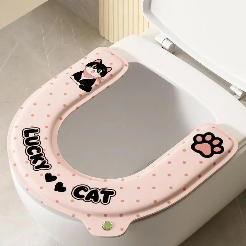 Waterproof U Shaped Toilet Seat Mat Non‑slip Cute Lucky Cat Print Soft Skin Friendly For Home Bathroom All Season Use