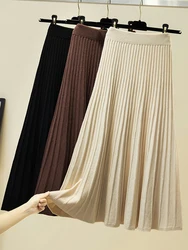 Knitted Skirts Women Autumn Thick Pleated Long Skirt Vintage High Waist Ribbed Female Solid Skirts Casual Streetwear 2024