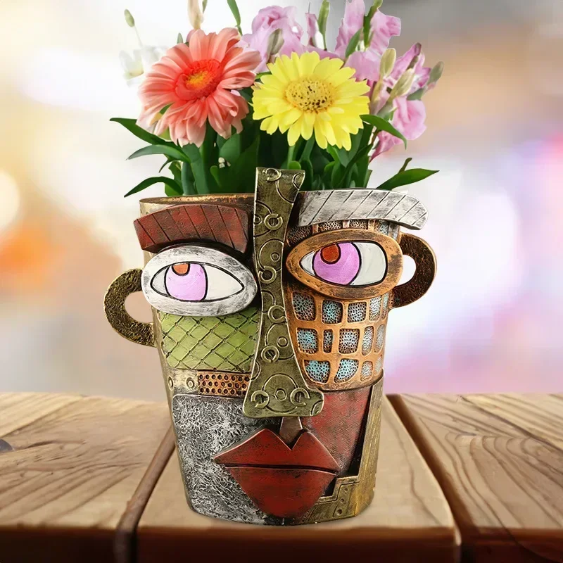 Retro Human Face Resin Flower Pot Garden Crafts Colorful Abstract Art Succulent Flower Pot Ornaments Antique Flower Decoration