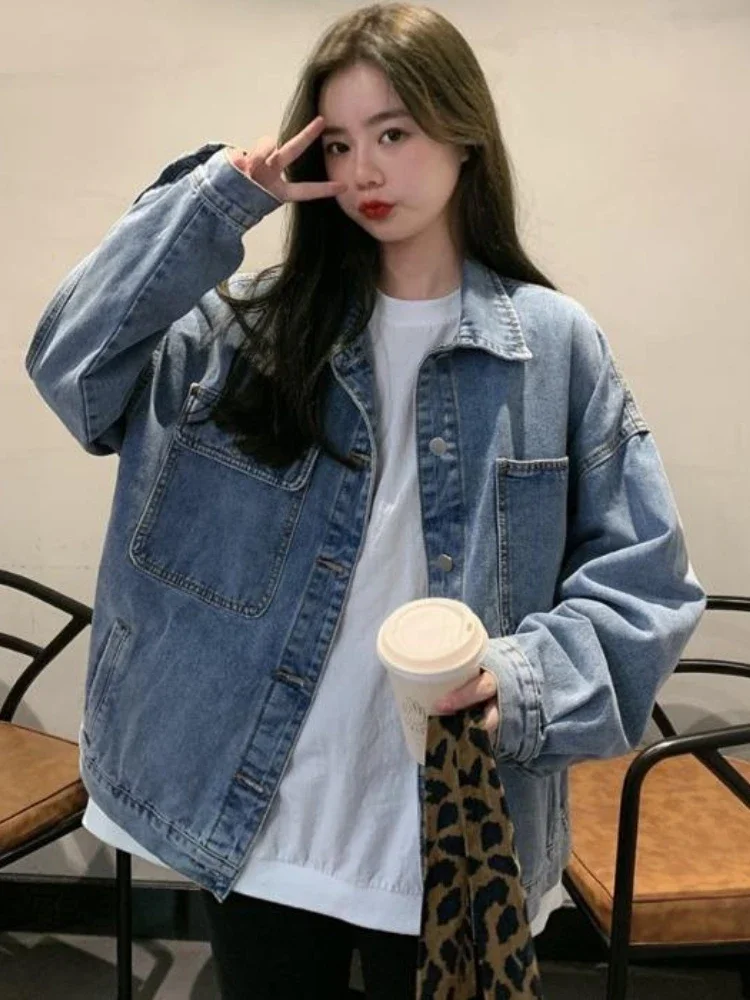 

Denim Jackets Women Long Sleeve Blue Loose Retro Fashion Spring Autumn All-match Korean Style College Leisure New Girls Daily