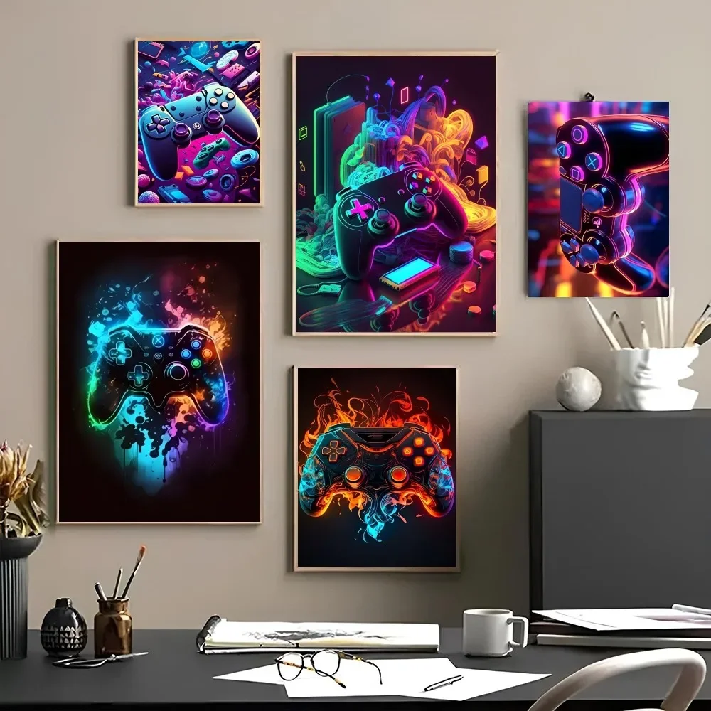 1PC Neon Game Controller Gaming Print Poster Paper Waterproof HD Sticker Bedroom Entrance Home Living Room Bar Wall Art Decor