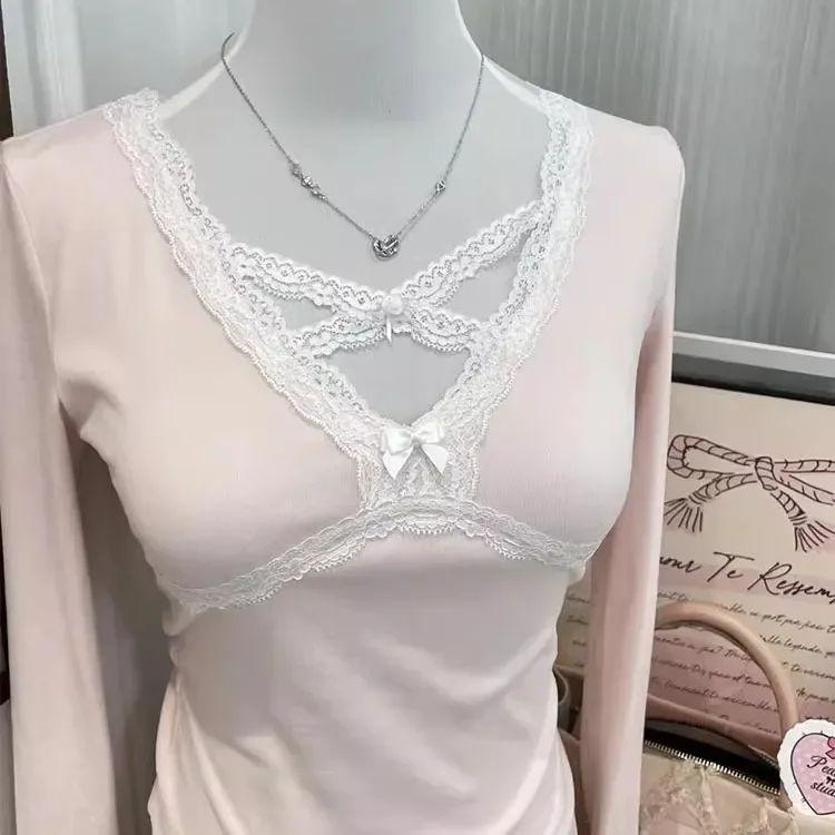 الفرنسية منخفضة الرقبة طويلة الأكمام الدانتيل تي شيرت المرأة كل مباراة الحلو تيز ربيع الخريف جديد عصري التوابل فتاة Y2k الجمالية