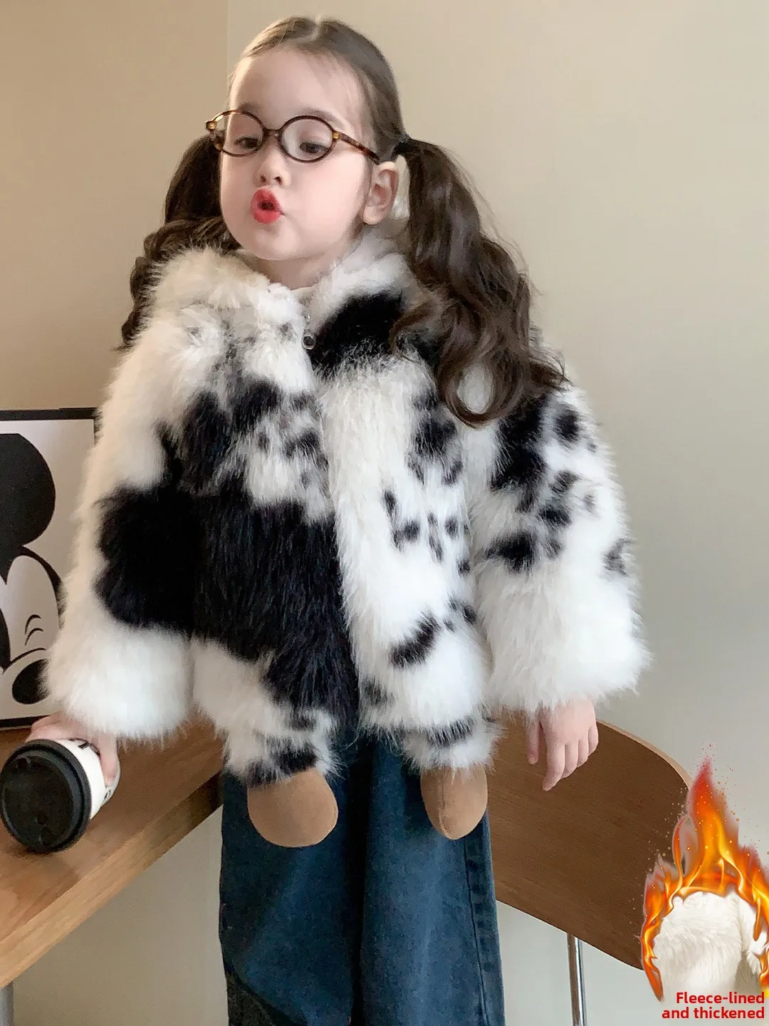 

Adorable Baby Girl's Winter Faux Fur Cow Patterned Coat Warm Cotton Jacket with Hood Thickened Long Sleeve Zipper Closure