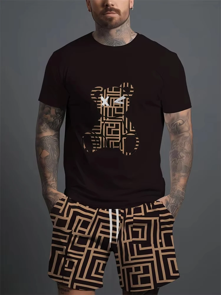 

Men's Summer Casual Set, Outdoor Sports Beach Shorts, Urban Fashion, Bear Print, 2025 Young Short-sleeved T-shirt