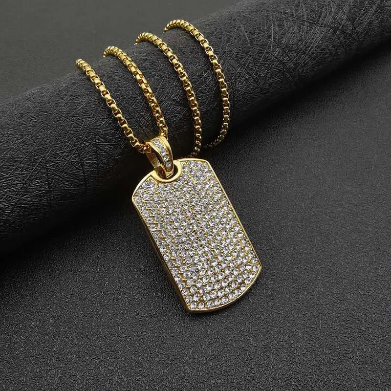 Stainless Steel Geometric Square Dog Tag Pendant Necklace Full Rhinestone Paved Bling Iced Out Men Hip Hop Rapper jewelry Gift