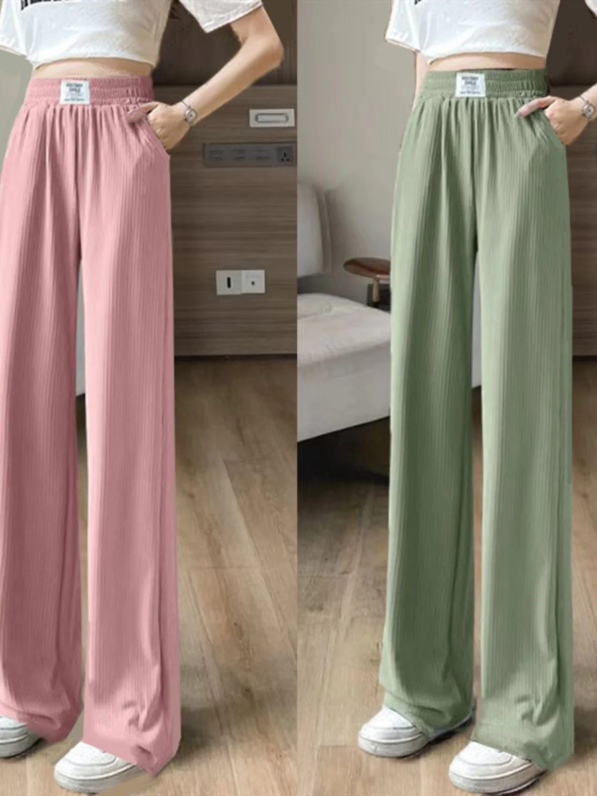 アイスシルクスリムワイドレッグパンツ レディース 夏 薄手 新作 ハイウエスト ドレープ ストレート カジュアルパンツ カジュアルトラウザーズ 女性用