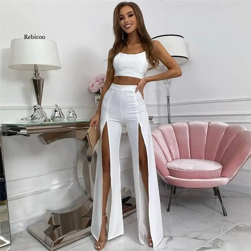 Pants Women Sexy Midnight High Slit Flare Pants Women Bottoms White Black High Waist Trousers Female Bell Bottoms Casual