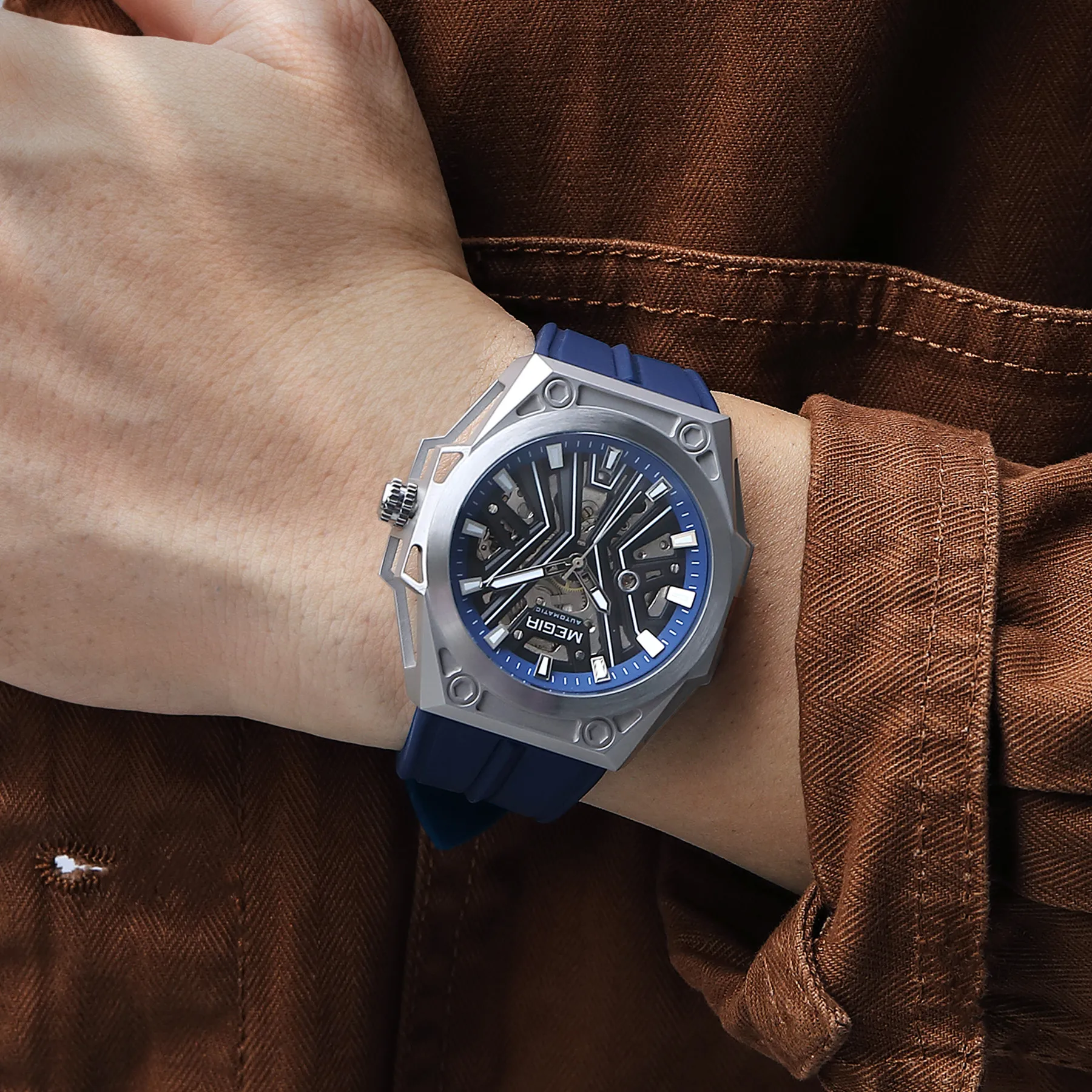 

Megir Stainless Steel Waterproof Mens Skeleton Watches Top Brand Luxury Transparent Mechanical Sport Male Wrist Watches
