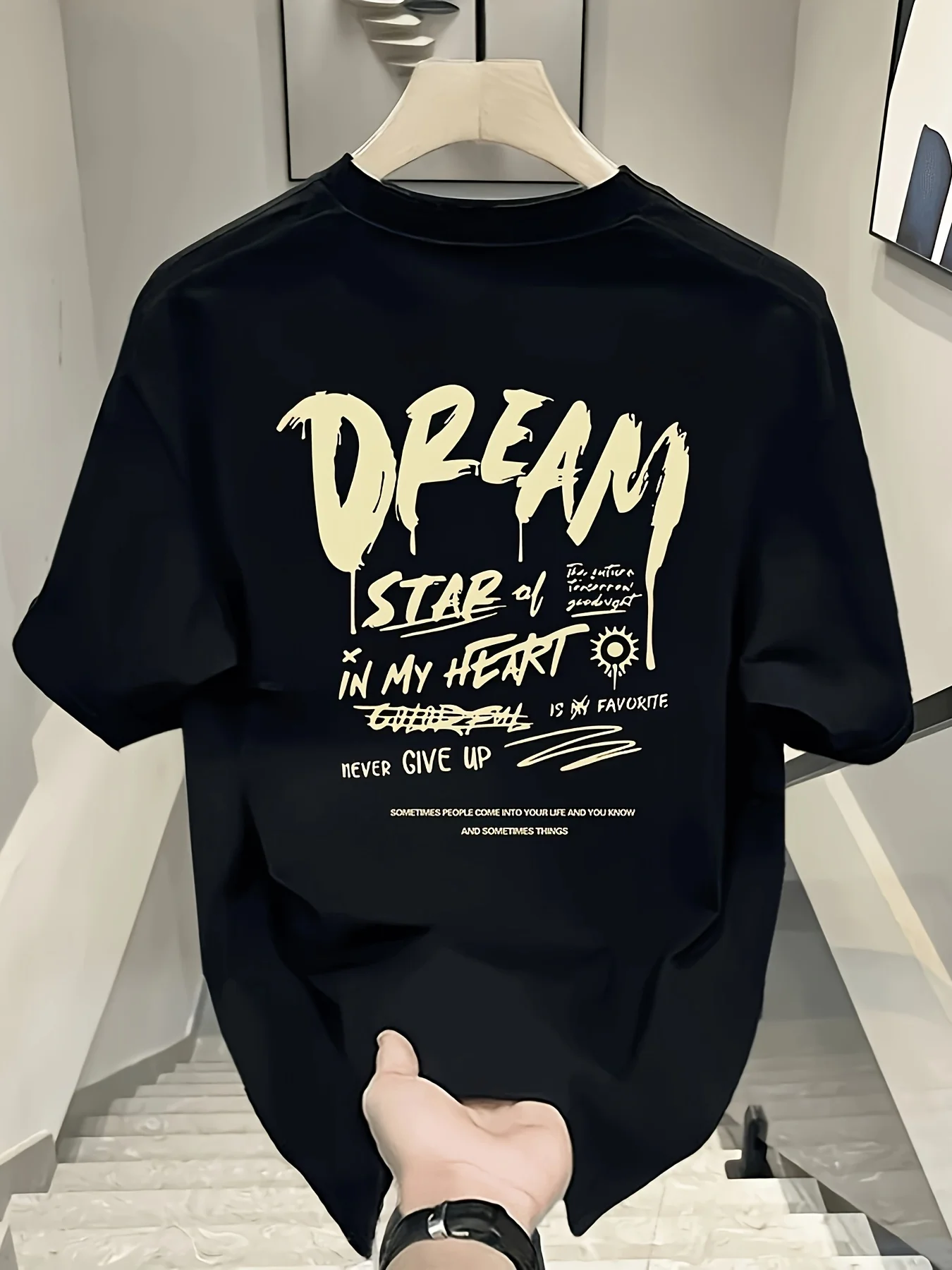 Trendy Men's Black Graphic T-Shirt Dream Star in My Heart Never Give up Bold Letter Print 100% Cotton Heavyweight Short Sleeve Casual Streetwear Tee